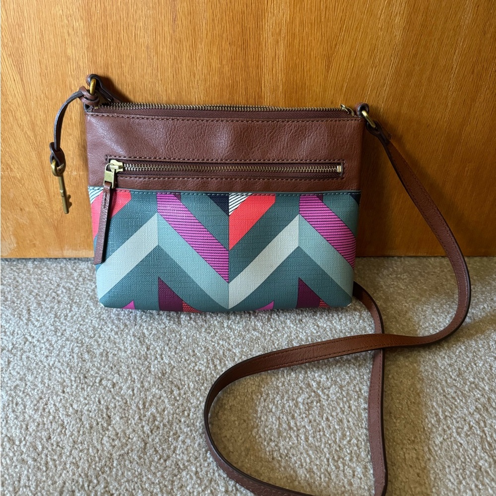 Fossil Brown and Chevron Crossbody Bag
